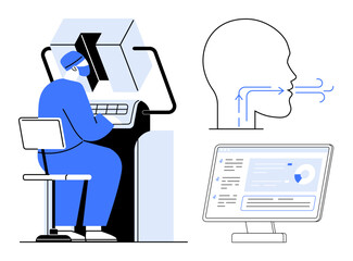 Healthcare diagnostics, respiratory monitoring, medical technology, data visualization, clinical research, modern healthcare. A technician works at a respiratory analysis machine. Healthcare
