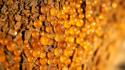 boswellia. Close-up of a tree trunk with golden resin droplets glistening in sunlight. gardening catalogs, home-decor guides, designed for home decor and floral branding, used by hr managers.