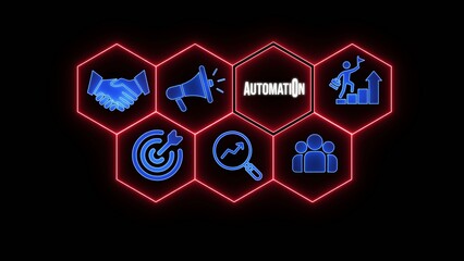 Automation hexagonal infographic with blue on a dark red honeycomb Generate title without using the word 