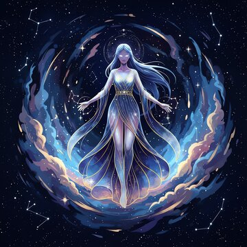 A celestial woman with flowing hair and glowing eyes in a starry cosmic setting