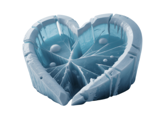 broken heart shaped ice cube with cracks isolated on transparent background
