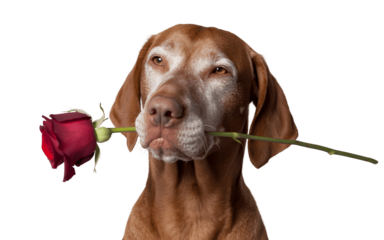 brown dog holding red rose in mouth isolated on transparent background