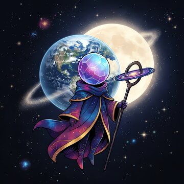 A cosmic being with a crystal head in a galaxy robe holds a staff