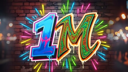 A stylized graffiti artwork celebrating a significant one million milestone with vibrant neon colors on a dark brick wall