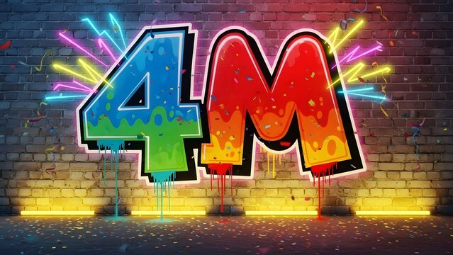 A vibrant graffiti celebration with neon lights for a 4m follower milestone