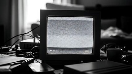 A vintage television set displaying static, set on a cluttered desk with various electronic devices and cables.