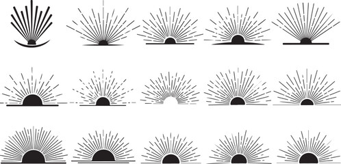 Vintage starburst with radial fireworks burst, sunburst shapes and bursting sun rays, sunset and sunrise, sparkle elements and star beams. Vector classic boho logo line set.eps