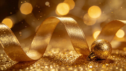 Golden ribbon and ornament on glittering surface with bokeh lights