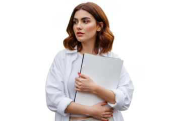 Young woman holding a notebook isolated on transparent background
