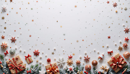 Fototapeta premium Eleganckie, zimowe białe tło świąteczne z miejscem na tekst - kompozycja z bombkami i prezentami