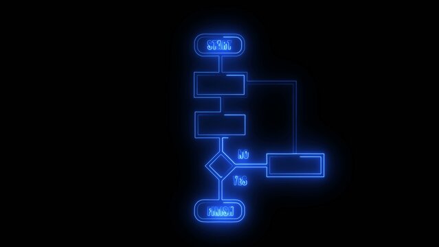 Blue neon flowchart with start process decision and finish blocks connected by glowing lines Generate title without using the word "Title:" before it
