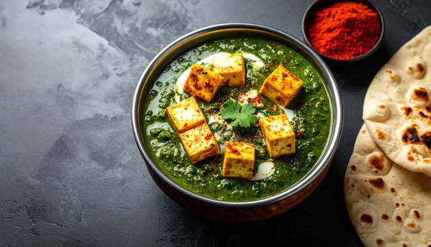 Palak paneer or Spinach and Cottage cheese curry on a dark background