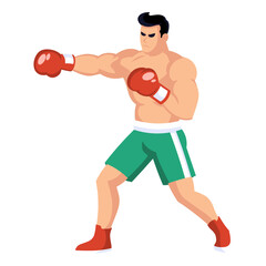 muscular male boxer executing a swift, powerful jab/straight punch. He is in a focused fighting stance, wearing red gloves and green shorts.