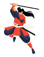 Samurai swordsman lunging, preparing to deliver a cutting strike to an enemy.