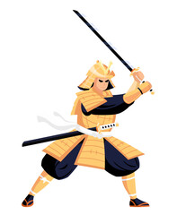 High-ranking samurai warrior preparing to strike, clean vibrant illustration.