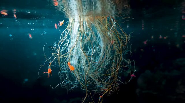 Underwater scene showing tangled organic strands and particles illuminated in deep blue water
