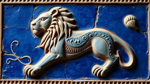 ishtar. Glazed brick relief of a lion against lapis lazuli blue background with gold accents, intricate patterns. event programs.