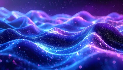 Abstract waves of purple and blue light cascade and glow with tiny illuminated particles