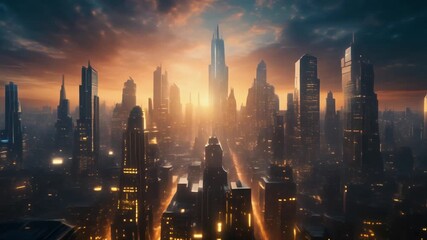 "Futuristic cityscape at sunset with glowing skyscrapers and dramatic sky illuminated by warm light" - Powered by Adobe