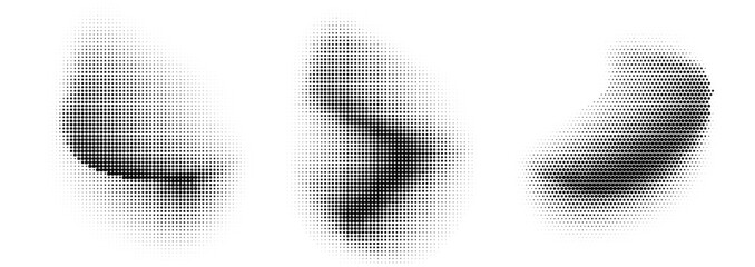 Halftone dotted gradient liquid fluid spots set. Isolated vector textured abstract retro liquid shape design elements