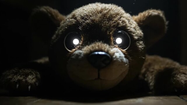 Creepy stuffed animal with glowing eyes emerging from darkness, a scary monster teddy bear nightmare concept footage.