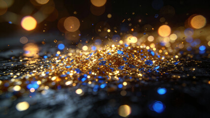 Golden glitter particles scattered on a dark surface with bokeh lights in the background