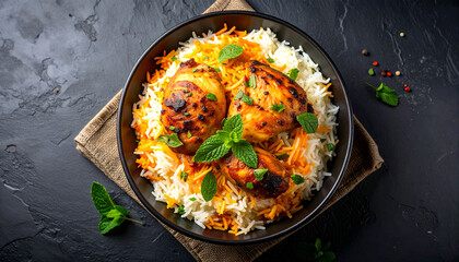 Chicken Biryani in Black Bowl on Dark Background