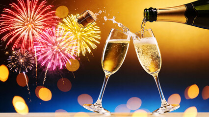 Champagne glasses clinking with fireworks in the background, celebrating a festive occasion