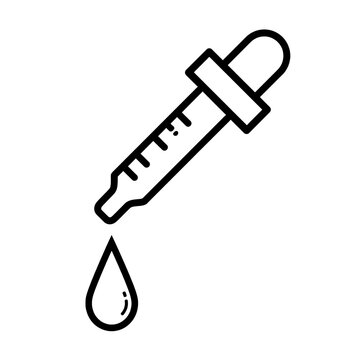 Simple outline icon depicting a laboratory dropper dispensing a single drop of liquid against a solid for scientific or cosmetic design concepts