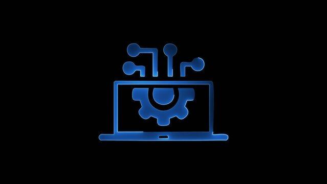Blue neon outline of a laptop displaying a gear with network nodes and connecting lines Generate title without using the word "Title:" before it