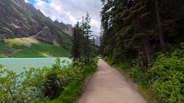 Scenic shoreline trail winding through pristine coniferous forest alongside turquoise waters of lake louise in banff national park. Canadian rockies showcasing natural alpine landscape during summer