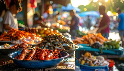 A vibrant open-air market scene displaying a variety of seafood in bowls, illuminated by warm sunlight