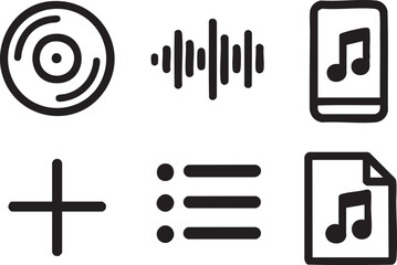 Music Icons Set black flat icons for music app interface on white background