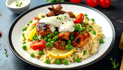 A vibrant plate of seasoned chicken, rice, peas, tomatoes, lemon, and creamy sauce