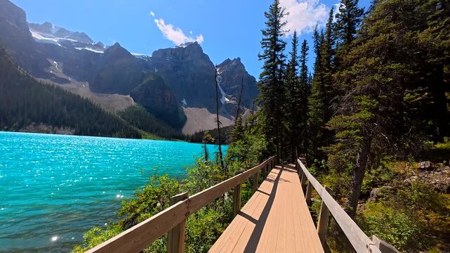 Wooden boardwalk traversing turquoise moraine lake, reflecting majestic mountains and verdant forest under bright summer sky in banff national park, alberta, canada
