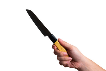 Female hand holding a steel cooking knife isolated on white background.