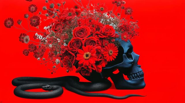 Dark skull with swirling snakes and vivid red flowers forms dramatic composition exploring contrast between beauty danger and mortality