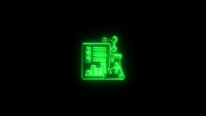 Bright green neon line of a computer server with circuit board and bar graph glowing on a dark Generate title without using the word 
