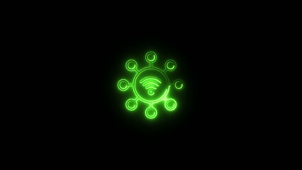 Bright green neon of a virus with a Wi Fi signal in the center and circular nodes around it on a dark Generate title without using the word 