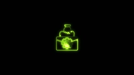 Bright green neon outline of an engine oil can with a glowing gear symbol and liquid pouring out Generate title without using the word "Title:" before it