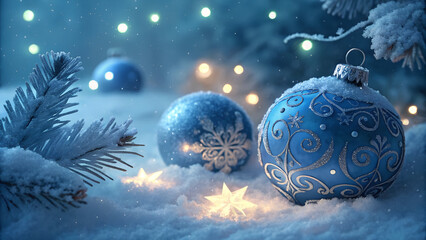 Magical christmas night with glowing star lights and blue ornaments in snowy pine forest for festive winter celebration and seasonal holiday decoration scene