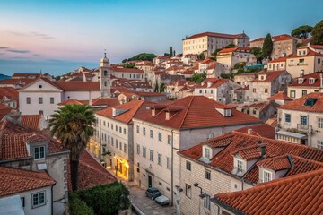 Scenic European Cityscape with Historic Buildings and Red Terracotta Rooftops at Golden Hour