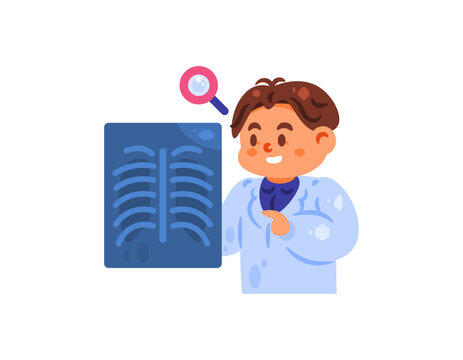Illustration of a lung specialist or pulmonologist holding a lung x-ray. Internal organ health checkup. Medical checkup. Respiratory organ examination. Cute character in flat style. White background. - Powered by Adobe