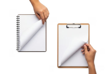 Hands turning pages of a notebook and clipboard isolated on transparent background