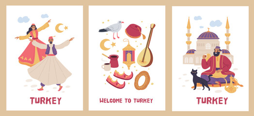 Turkey country travel. Traditional elements, people in national costumes, religious architecture monuments and food, welcome to istanbul, card or posters design, garish vector cartoon set