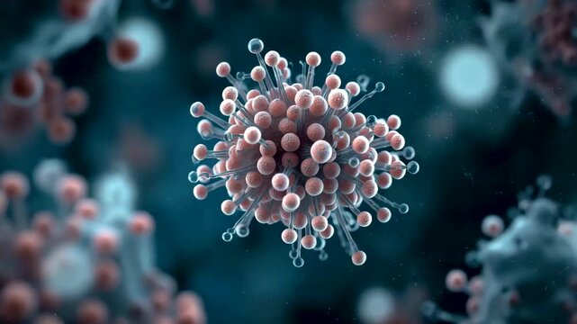Microscopic view of spherical virus particle with spike structures floating in a dark biological environment