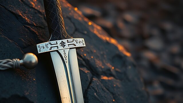 excalibur. Sword embedded in stone at dawn with morning dew on the blade. event programs, museum guides, designed for cultural heritage projects and event programs, elevates cultural identity.