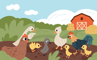 Sad ugly duckling. Domestic birds laugh at dark duckling, lonely character, bullying over appearance, fairy tale, society beauty standard cartoon isolated illustration garish vector concept