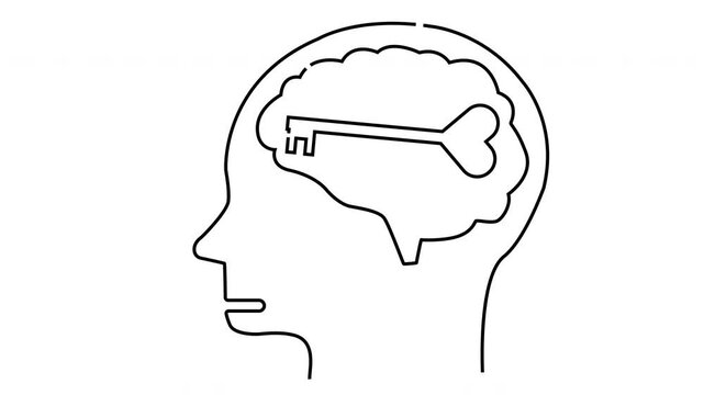 Profile view of a head containing a brain and key rendered in a simple line drawing