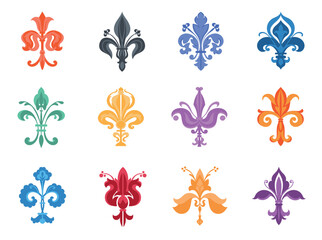 Heraldic lily. Medieval decorations, fleur de lis, antique french emblem, flower colorful ornament, middle age royal symbol, power, honor symbol, logo and badge graphic, splendid vector set